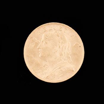GULDMYNT, 900, Helvetia, 20 fr, 1922. Vikt ca 6 g.