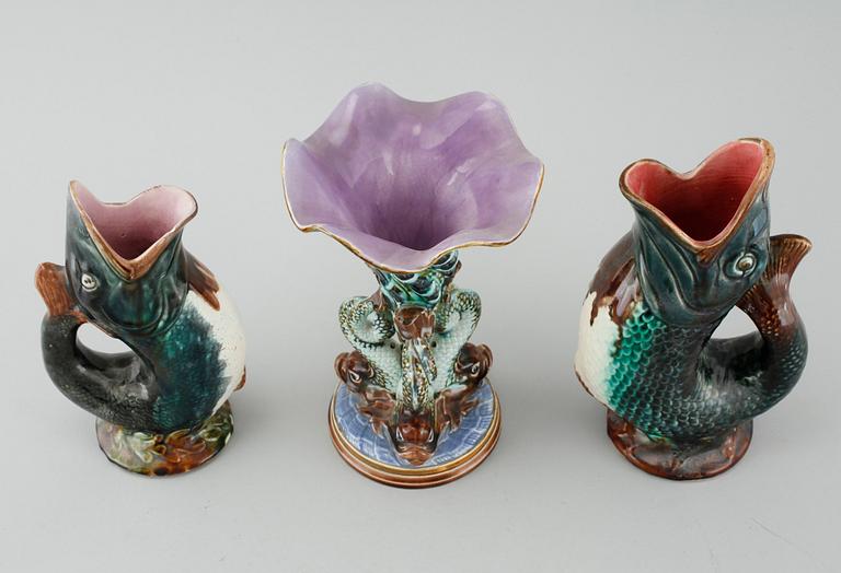 Three majolica vases, partly from Gustavsberg, around the year 1900.