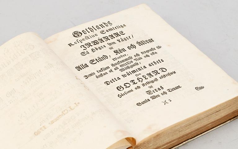 BOK, 2 vol i en, "Gothländska Samlingar allestädes med flit..." av Jöran Wallin, Stockholm 1747 resp 1776.