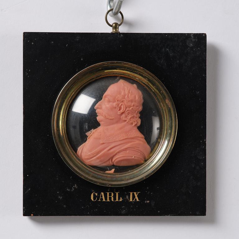 A set of twenty wax portraits of Swedish monarchs, late 19th century.