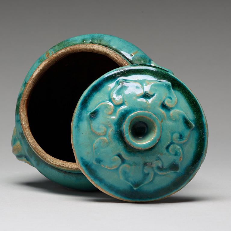 A turquoise glazed jar with cover, South China, presumably late Ming dynasty.