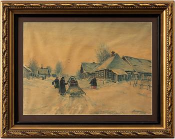 Mihail Abramovich Balunin, Winter landscape with figures and sleigh in the village.