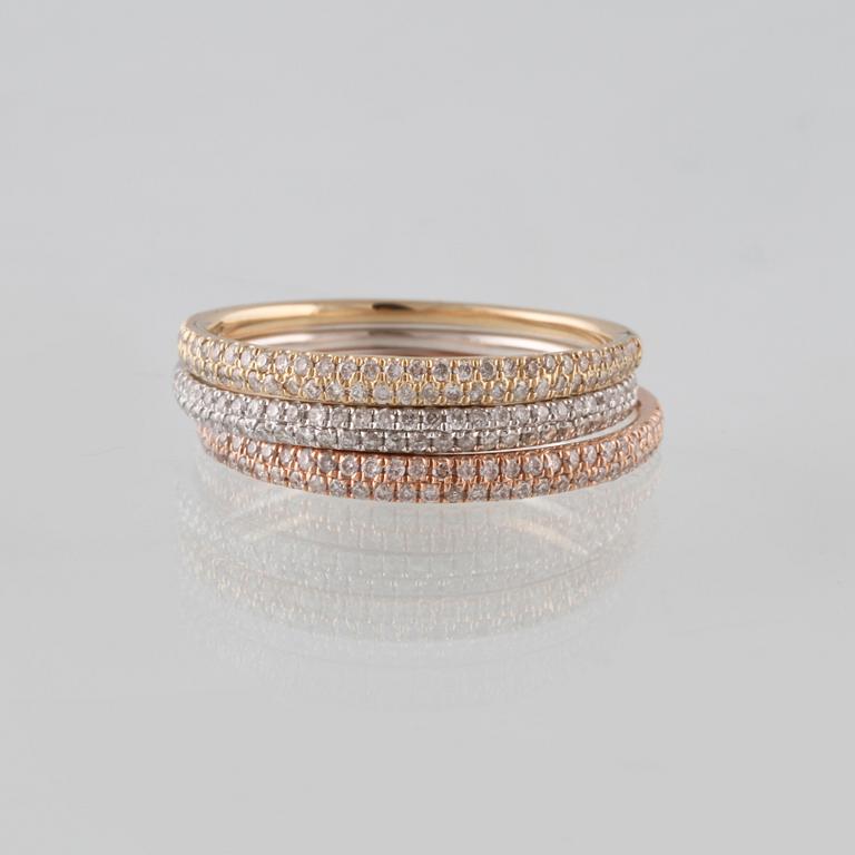 RINGAR, 3 st, 14K trefärgat guld med briljantslipade diamanter ca 0.54 ct. Vikt 3,4 gram.