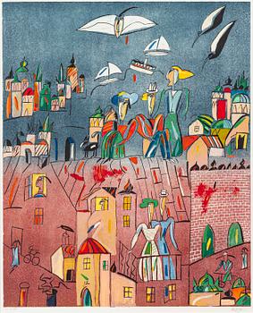 Madeleine Pyk, Cityscape with figures and animals.
