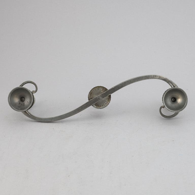 A three light pewter candelabrum, Just Andersen. Denmark.