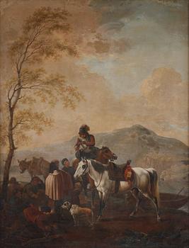 608. Philips Wouwerman Follower of, Landscape with figures and horse men, a pair.