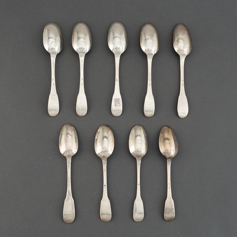 A matched set of nine 18th century silver spoons, marked Basel and Naunur (Belgum).