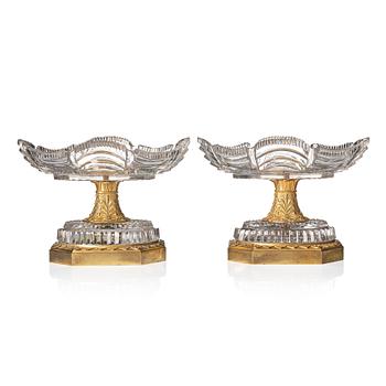 147. A pair of French Empire early 19th century gilt bronze and glass centre pieces.