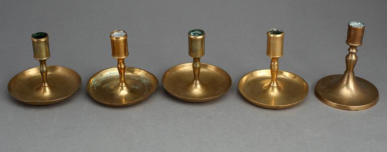 LJUSSTAKAR, 5 st, mässing, 1800-tal.