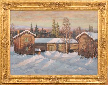 Einar Krüger, winter landscape with buildings.