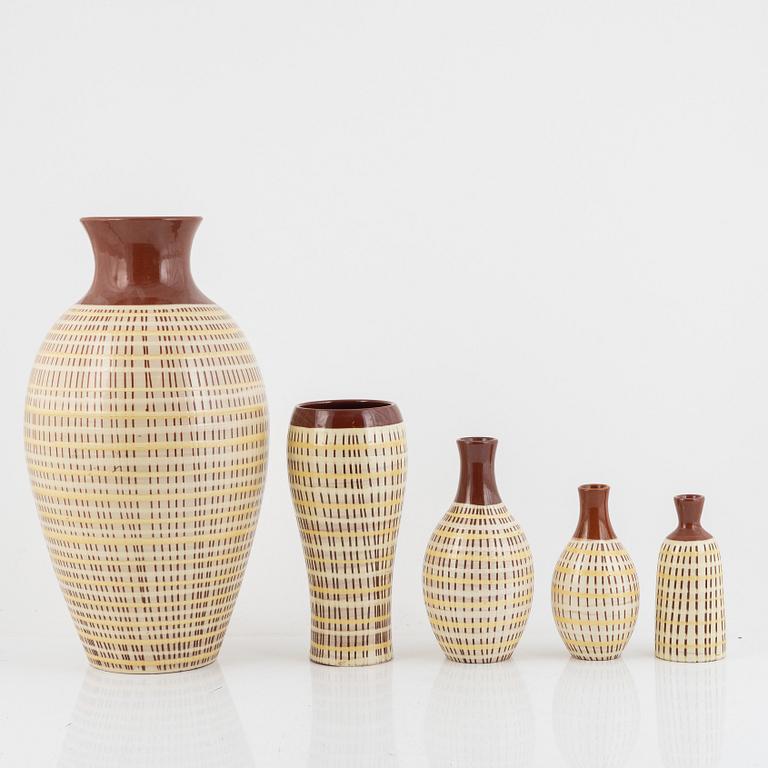 Anna-Lisa Thomson, 5 vases, Upsala Ekeby, mid-20th century.