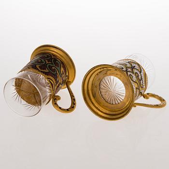 Six Russian tea glass holders, silver, metal and enamel, latter half of the 20th century.