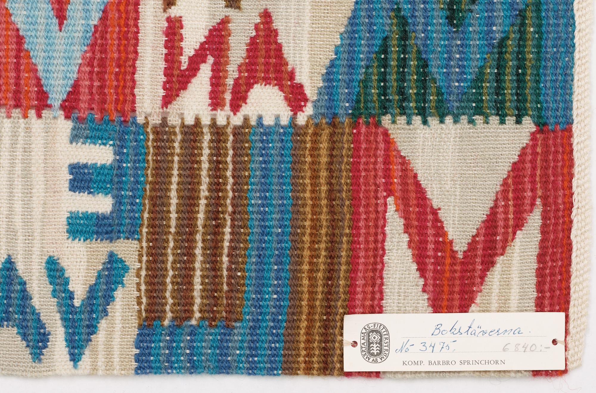 VÄVNAD. "Bokstäverna". Gobelängvariant. 44 x 74 cm. Signerad BS.