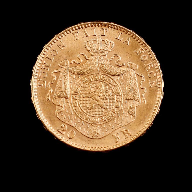 GULDMYNT, 20 franc, Leopold II, Belgien, 1882. Vikt ca 6 gram.