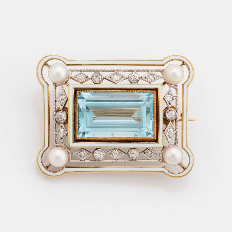 An 18K gold and enamel brooch set with a faceted aquamarine, pearls and old-cut diamonds.