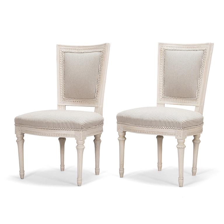 A pair of Swedish Gustavian chairs, made in Stockholm in the late 18th century.