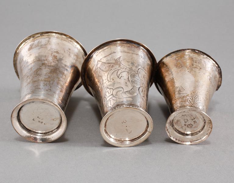 BÄGARE, 3 st, silver, bl a Sverige, 1700/1800-tal, vikt 132 gram.