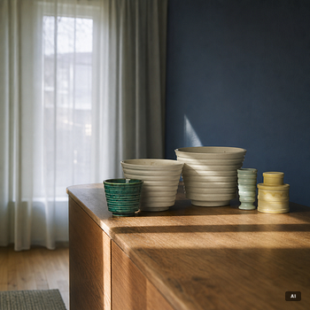 Wilhelm Kåge, A set of three ceramic flower pots, a vase and jar with lid,  Gustavsberg 1930s.