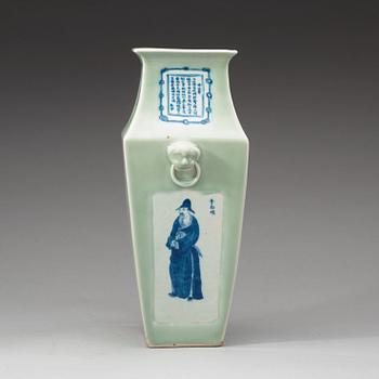 A celadon ground blue and white vase, late Qing dynasty.