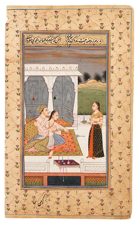 ALBUMBLAD, fyra stycken, bläck och färg på papper med förgyllda detaljer. Indien, sent 1800-tal.