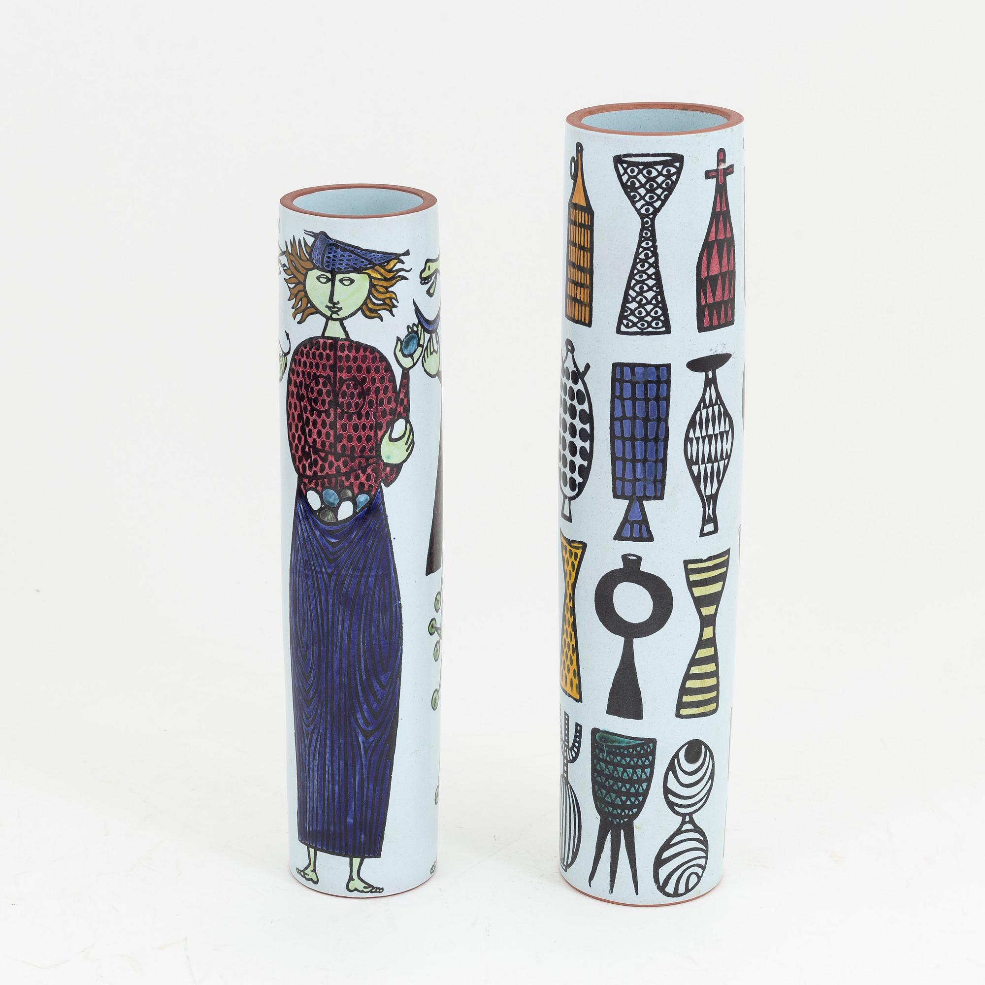 Stig Lindberg, two earthenware 'Karneval' vases, Gustavsbergs studio.