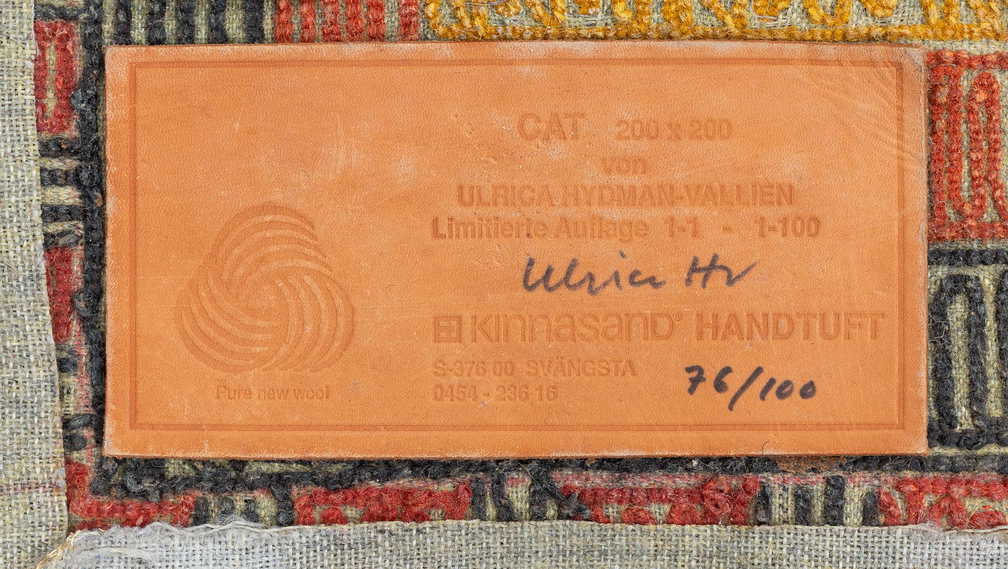 Ulrica Hydman-Vallien, a 'Cat' carpet, Kinnasand, limited edition, Nr, 76/100, ca 200 x 200 cm.