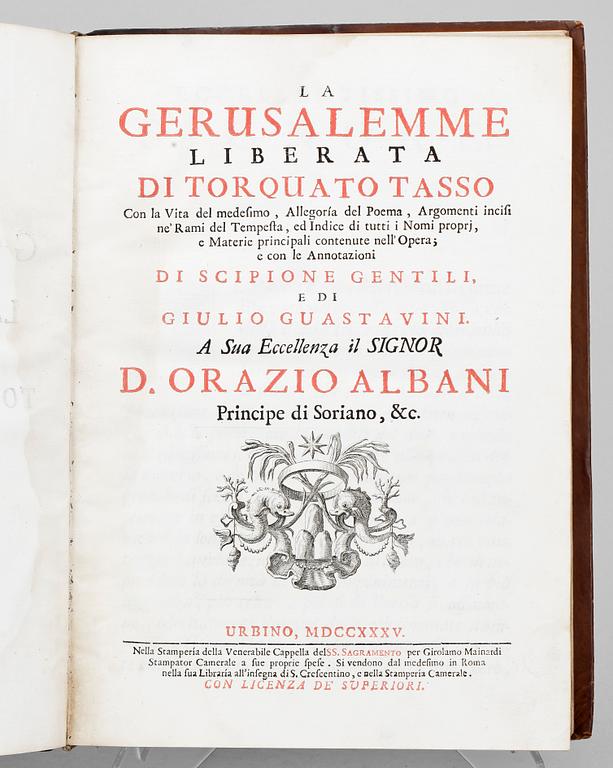 BOK, "La Gerusalemme liberata di Torquato tasso.." red av Giulio Guastavini, Urbino 1735.