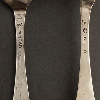 7 silver spoons, 18th century. One by Alexander Prytz, Strängnäs 1794.