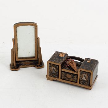 Doll, doll furniture, and table screen, Japan, wood, lacquer and paper, partly Showa, 20th century.