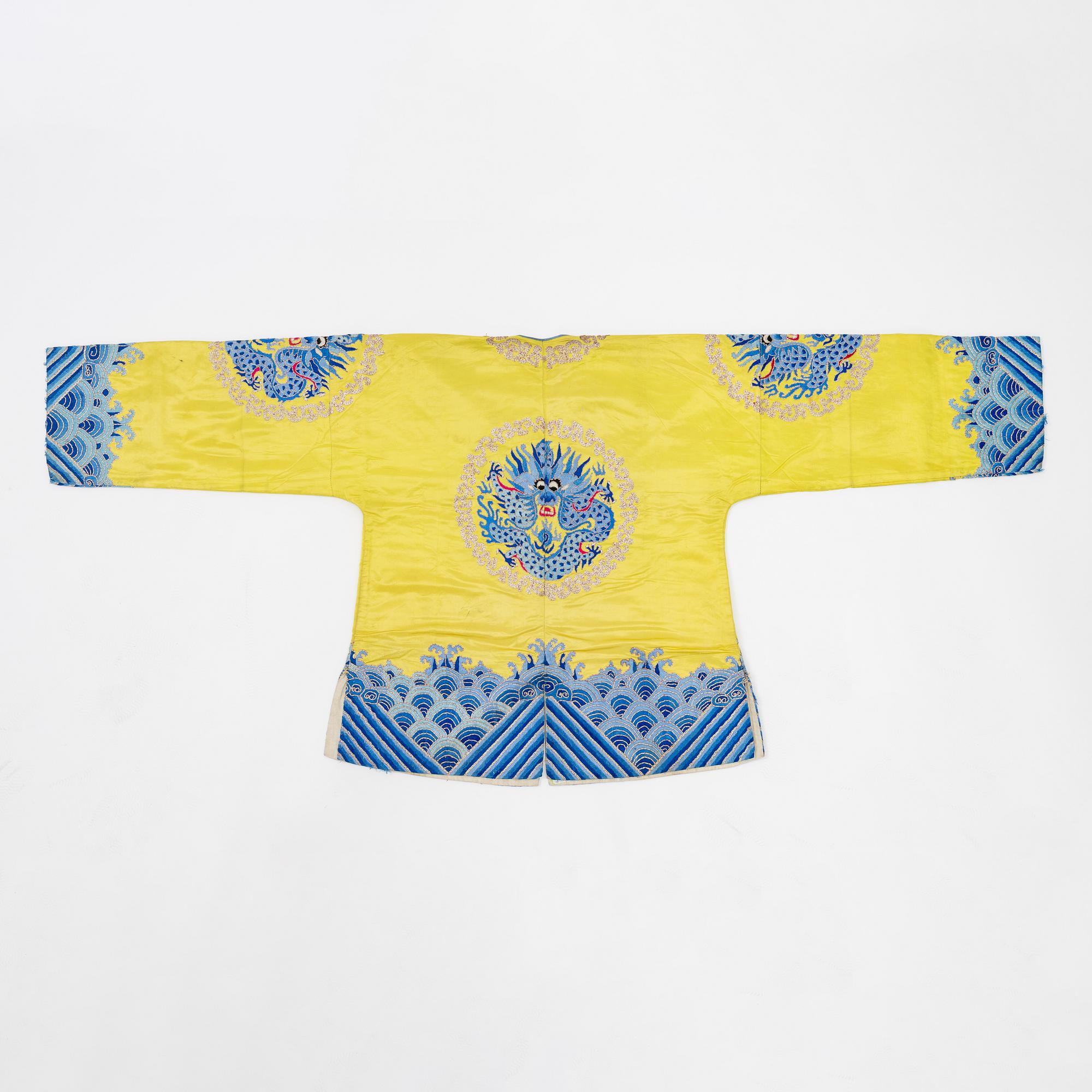 A yellow-ground embroidered silk robe, 20th century.