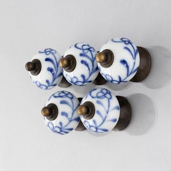 A set of five 'Blue Fluted' porcelain knobs, Royal Copenhagen.