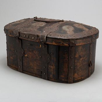 An wrought iron mounted pine box. Circa 1800.