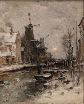 Wilhelm von Gegerfelt, Winter scene with frozen canal.