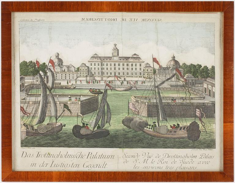 TITTSKÅPSBILDER, 2 st, kopparstick, handkolorerade, 1700-tal.