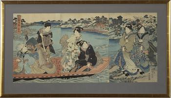 Utagawa Kunisada, a triptych woodblock print in colours, mid 19th Century.