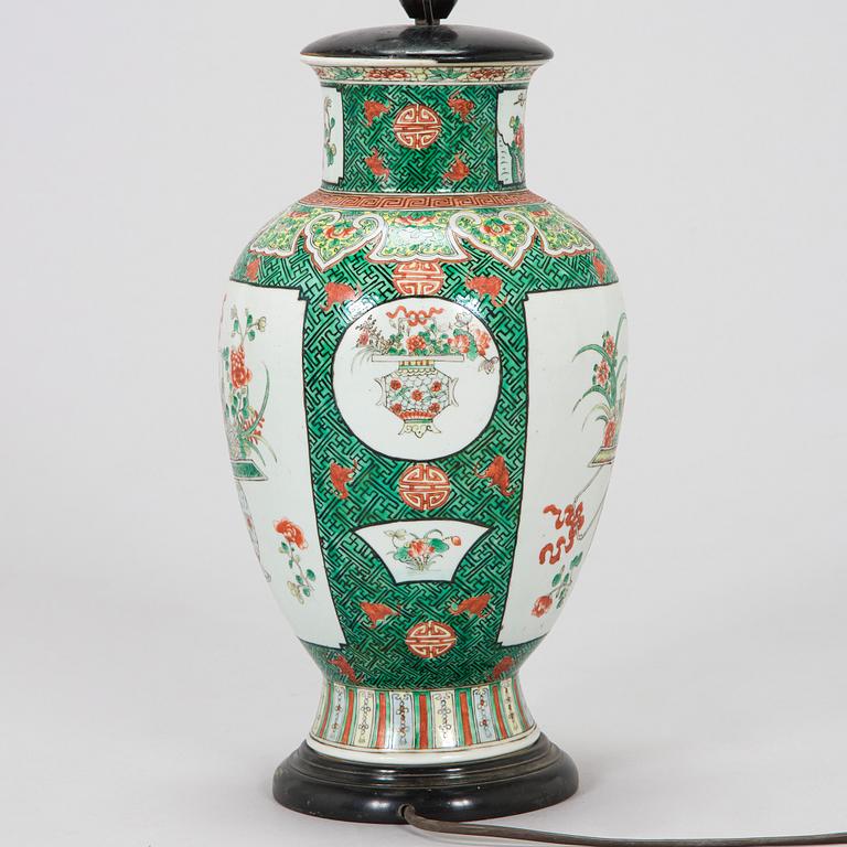 A famille verte vase, made in to a lamp, 20th century.