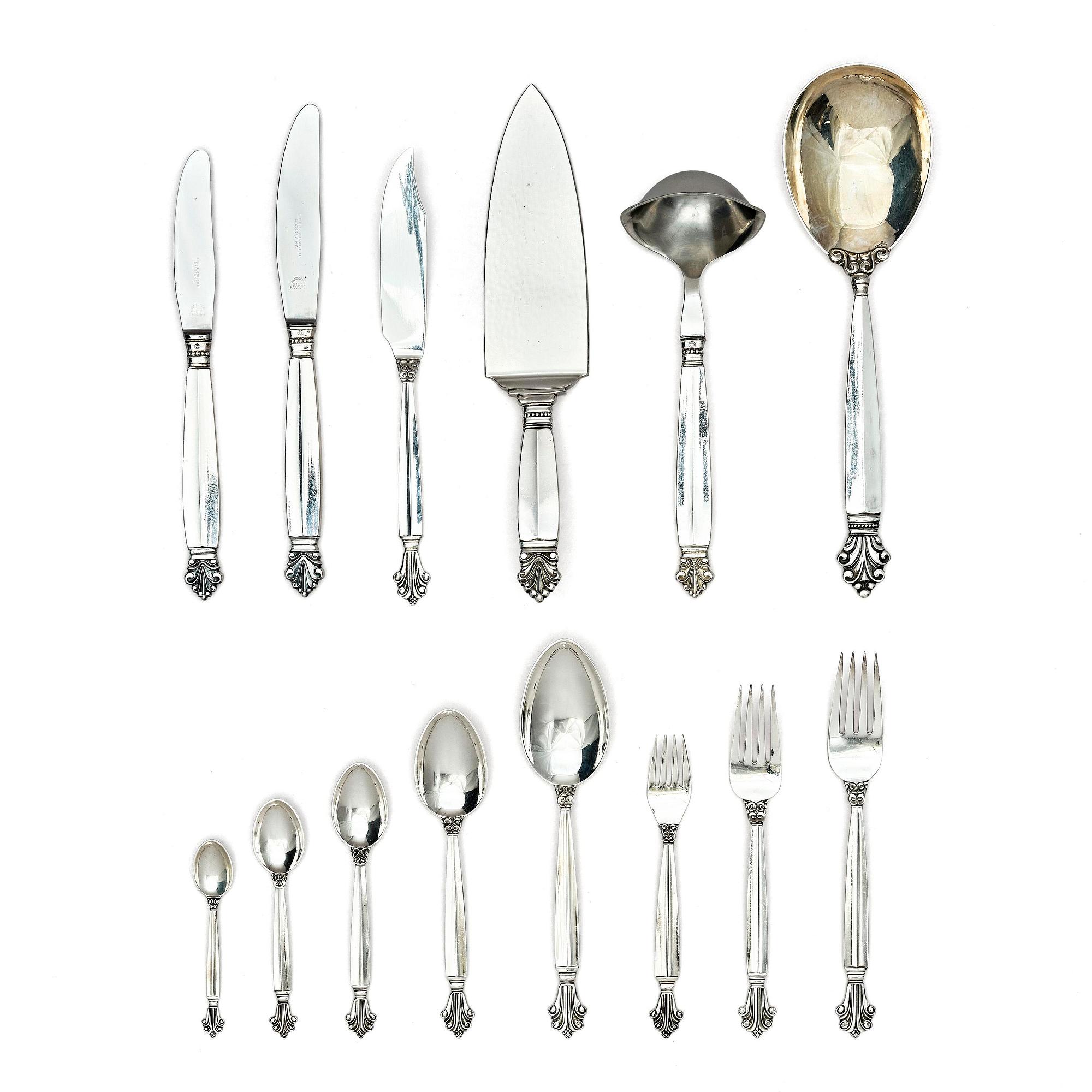 Georg Jensen, a sterling silver flatware set, 135 pieces, 'Dronning/Acantus', design Johan Rohde, Copenhagen, Denmark after 1945.