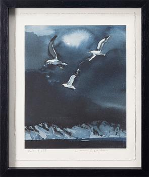 Lars Lerin, "Mellan husen-bilder från Lofoten", bibliophile edition with a colour lithograph "Tre Måsar".