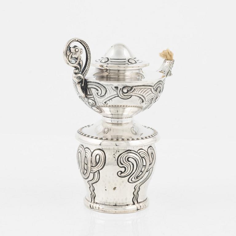 A Norwegian Silver Oil Lamp, makr of NM Thune, Oslo, early 20th century.
