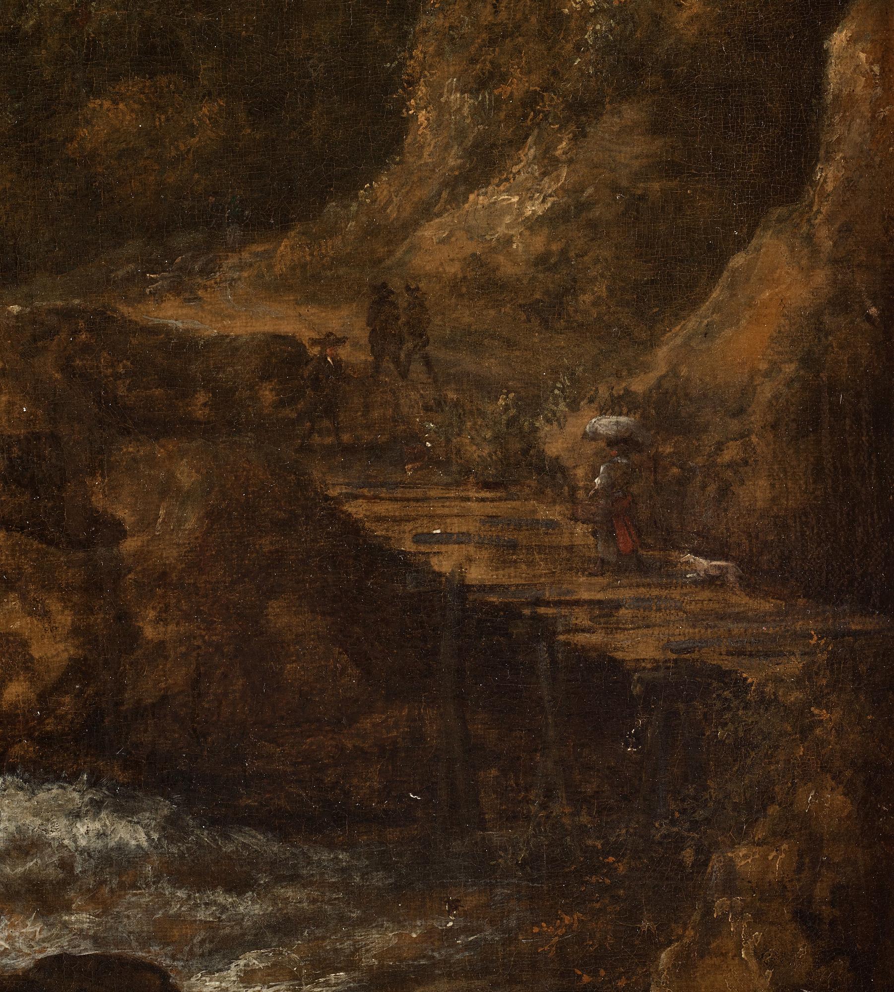Jacob van Ruisdael, Landscape with waterfall and a castle on a cliff.