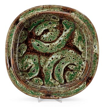 873. An Erik Pløen green and brown glazed stoneware dish, Norway.