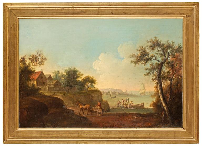 Anders Holm Tillskrivna, Insjölandskap med figurer, båtar och byggnader.