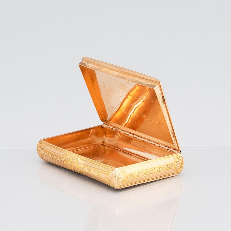 Dosa, guld, en deux couleurs, Schweiz 1800-talets mitt, oidentifierad mästarstämpel CCS.