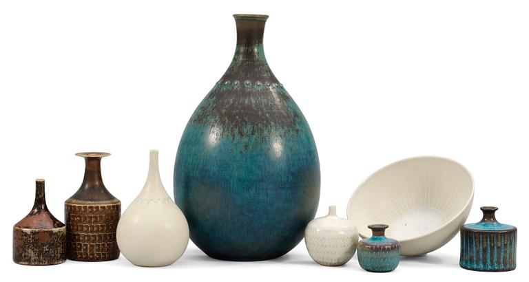 A set of seven Stig Lindberg stoneware vases and one bowl ,Gustavsberg studio.