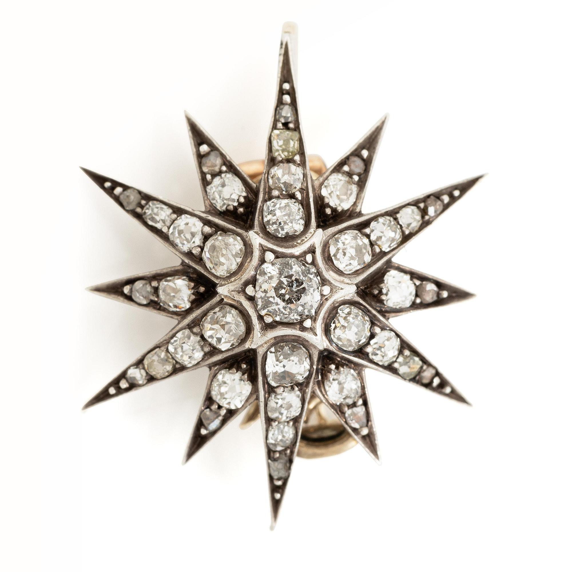 Brosch/hänge 14K guld och silver med gammalslipade diamanter, 1800-tal.