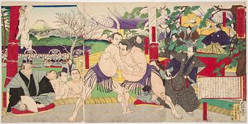 TSUKIOKA YOSHITOSHI (1839-1892), color woodblock print. Japan, 1885. 'Tsunekicha vs Daigoro in the palace garden'.