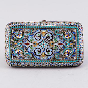 A CIGARETTE CASE, silver (88) and cloisonné enamel, Ovchinnikov, Moscow 1887, Russia.