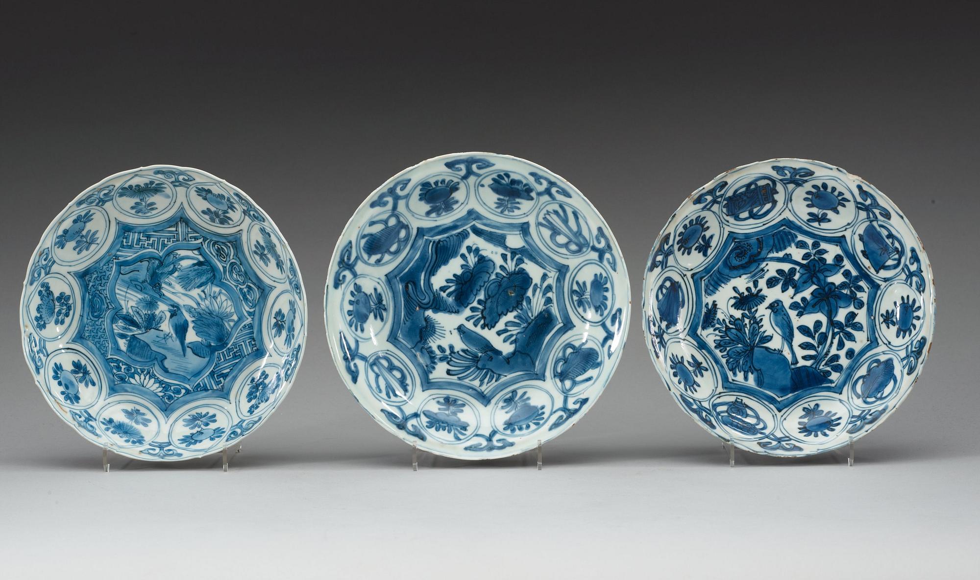 A set of six blue and white kraak dishes, Ming dynasty, Wanli (1572-1620).