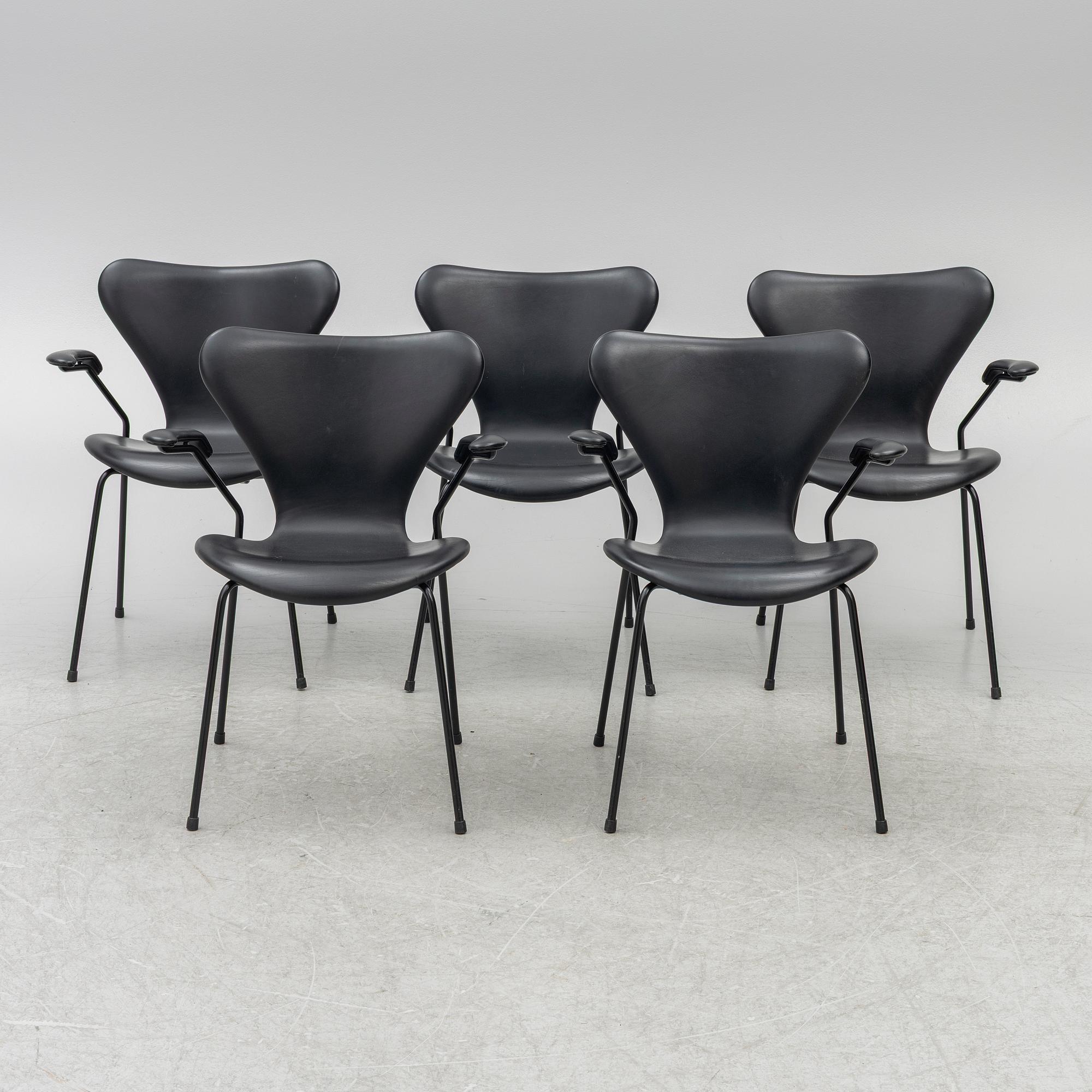 Arne Jacobsen, five 'Seven' armchairs, Fritz Hansen, Denmark, 21st century.