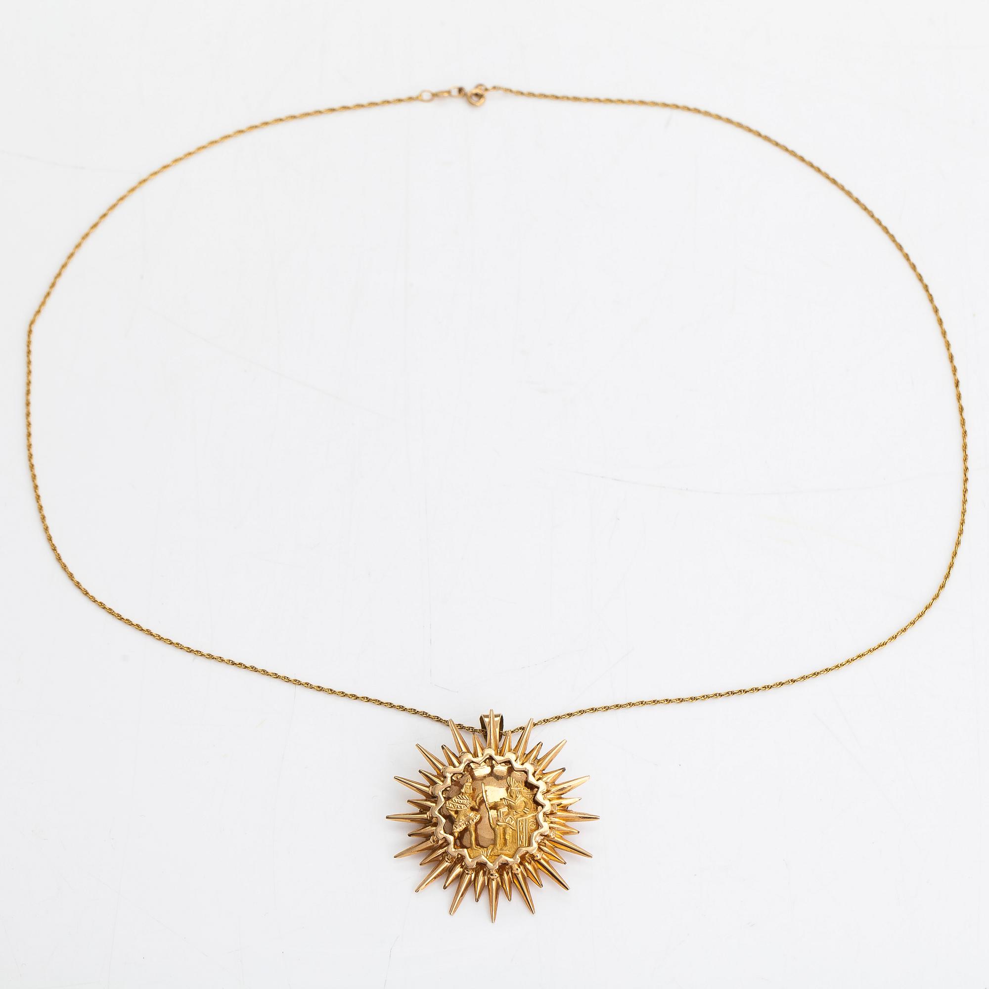 Halsband med hänge/brosch, ca 17K guld, Inka-motiv, Peru.